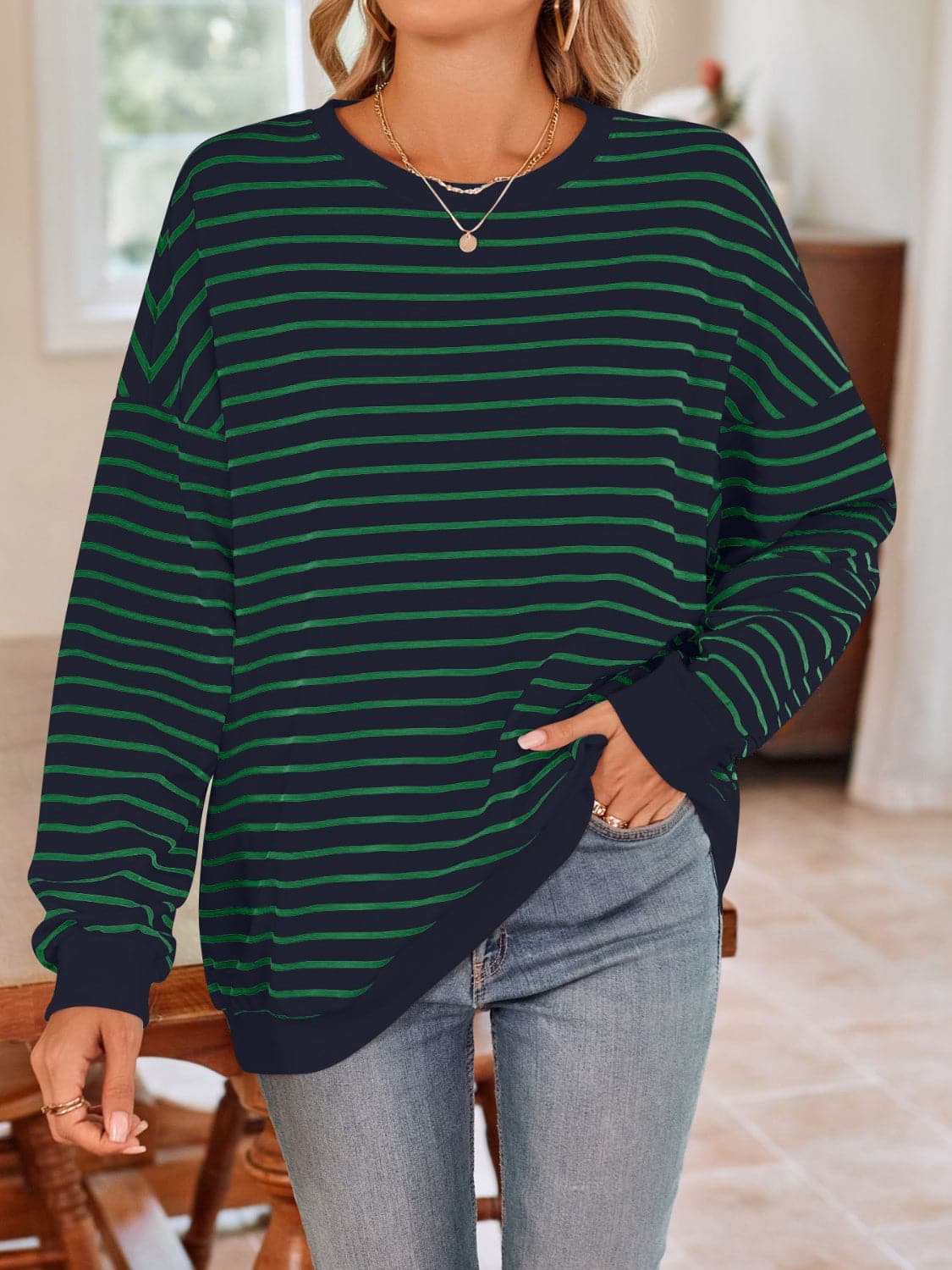 Cozy striped long sleeve crewneck sweatshirt