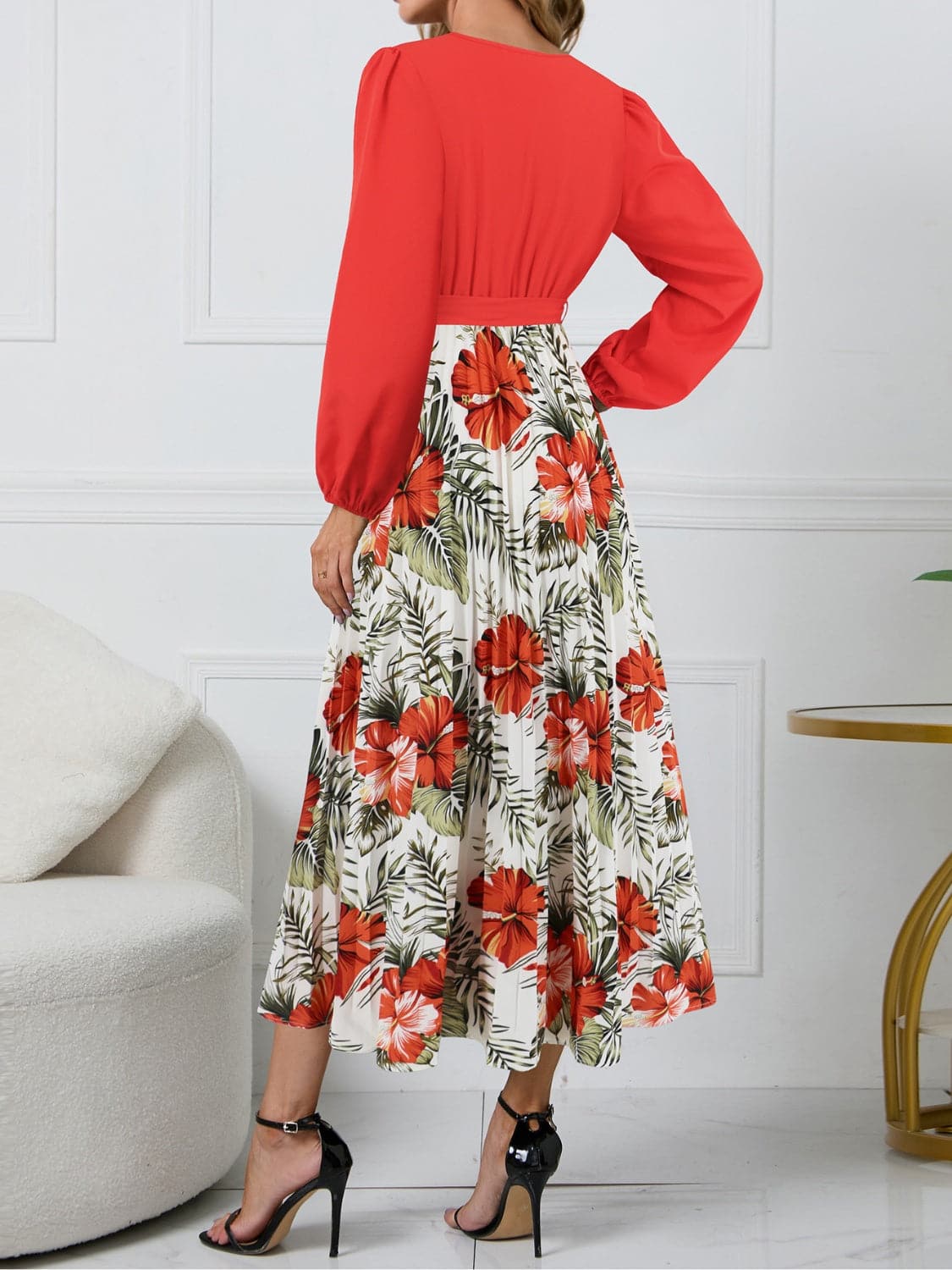 Pleated Printed Surplice Long Sleeve Dress.