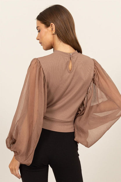 HYFVE Ruched Sheer Long Sleeve Mock Neck Blouse.