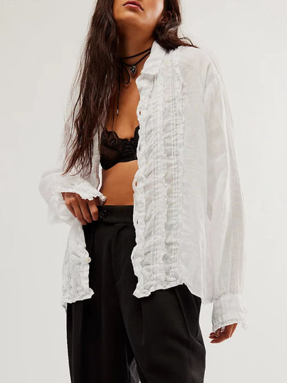 Ruffled Collared Long Sleeve Ruched Shirt