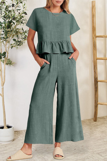 Peplum Round Neck Short Sleeve Top and Pants Set.