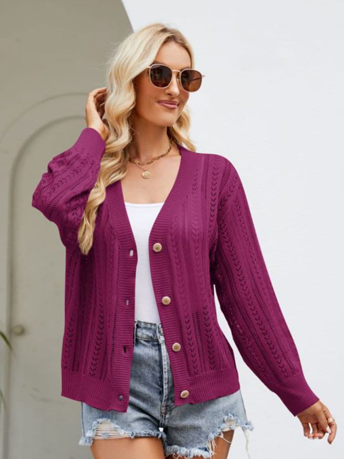 Button Down Ribbed Trim Cardigan.