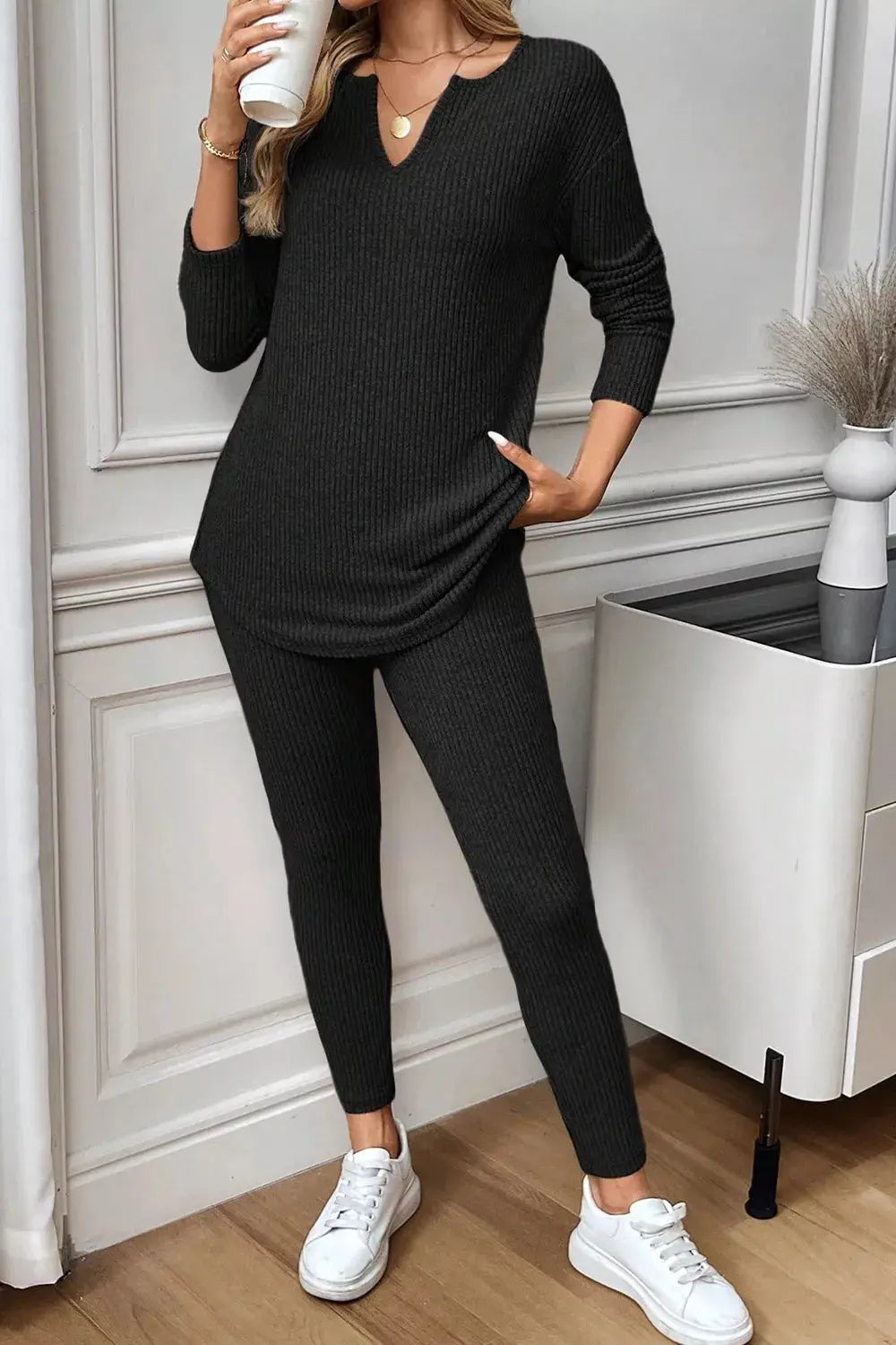 Notched Long Sleeve Top and Pants Set Simply Love