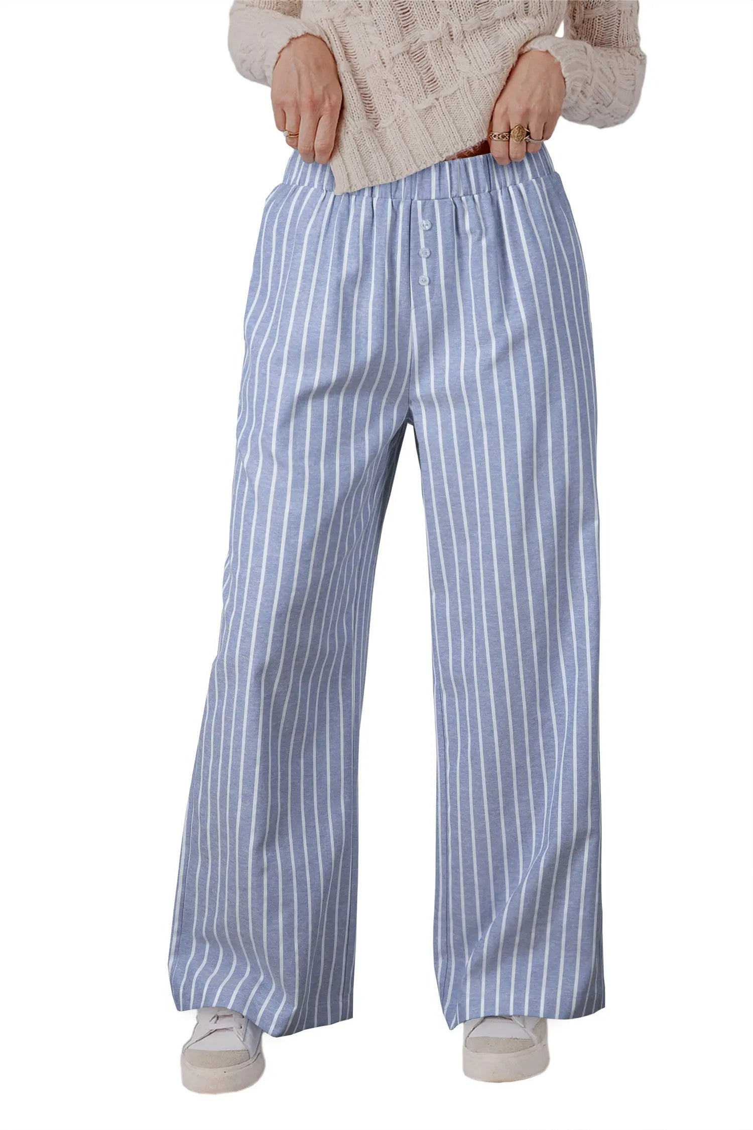 Sky Blue Stripe Buttoned Loose Casual Pants For Women Relaxed Fit Dear-Lover Dropshipping