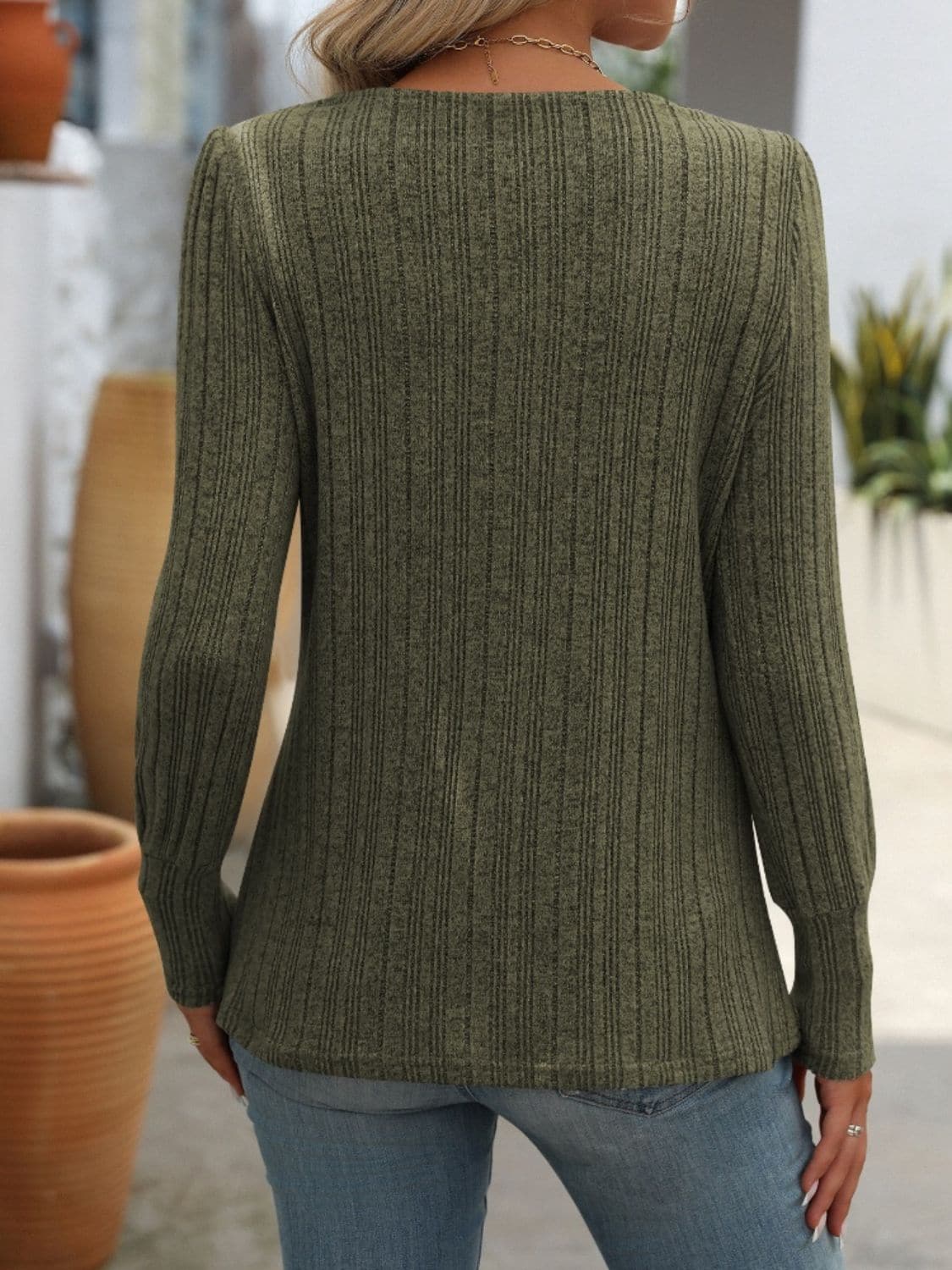 Decorative Button Striped Square Neck Long Sleeve T-Shirt.