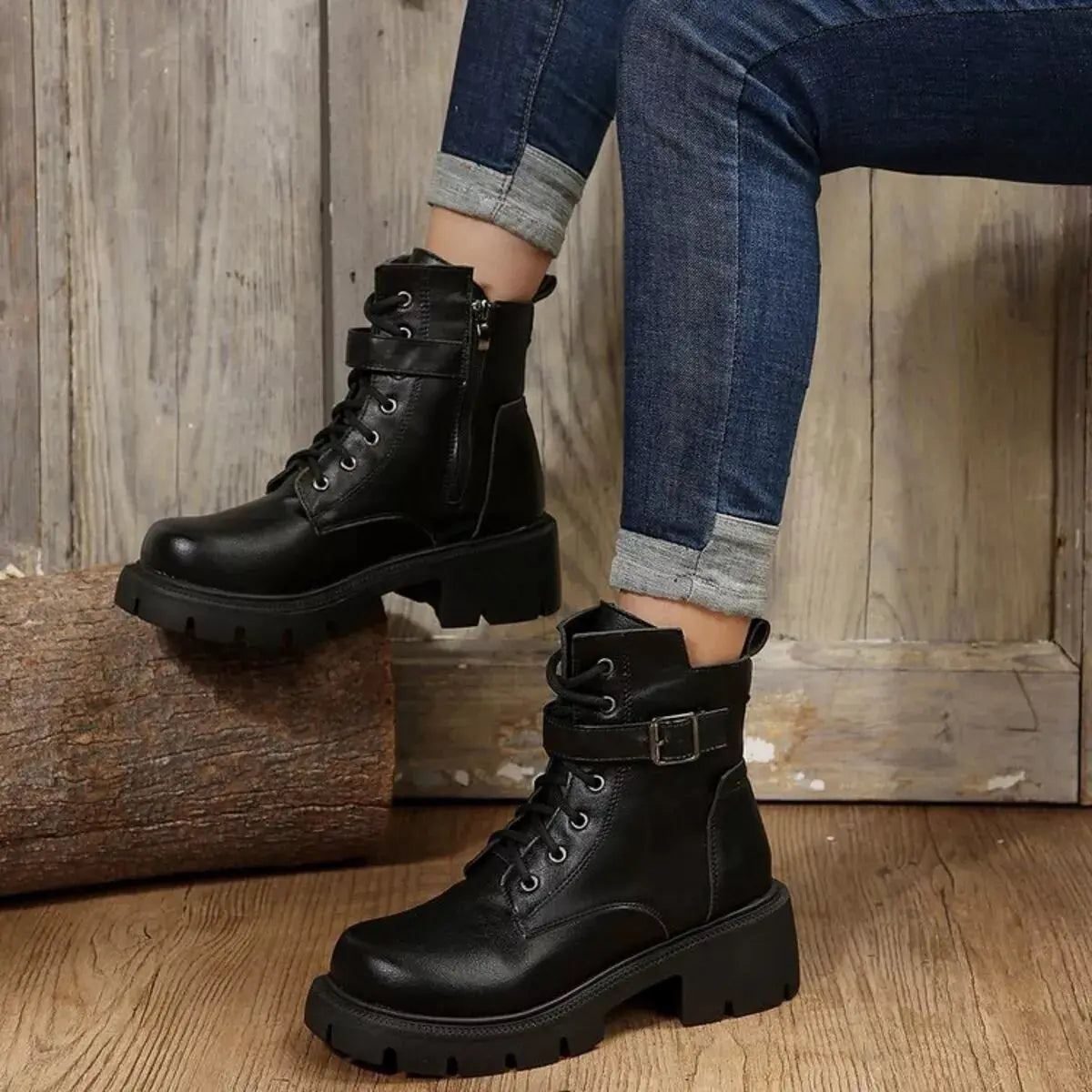 Lace-Up Buckle Accent Block Heel Boots Simply Love
