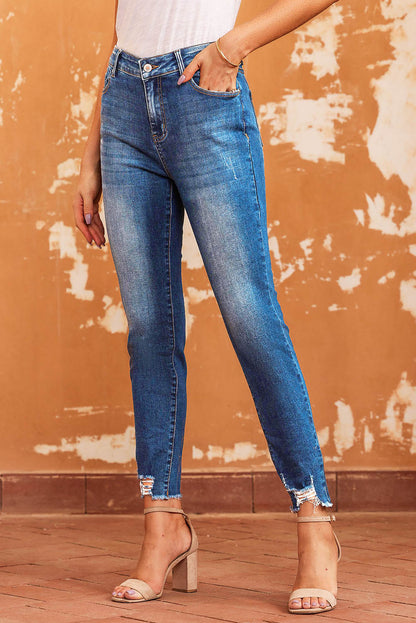 Chic blue ankle-length skinny jeans with raw hem detail