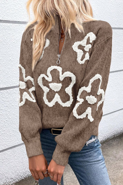 Floral half zip slouchy sweater