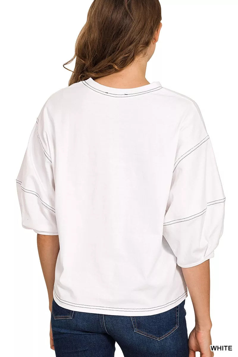 Zenana Balloon Sleeve Top with Contrast Stitching Simply Love