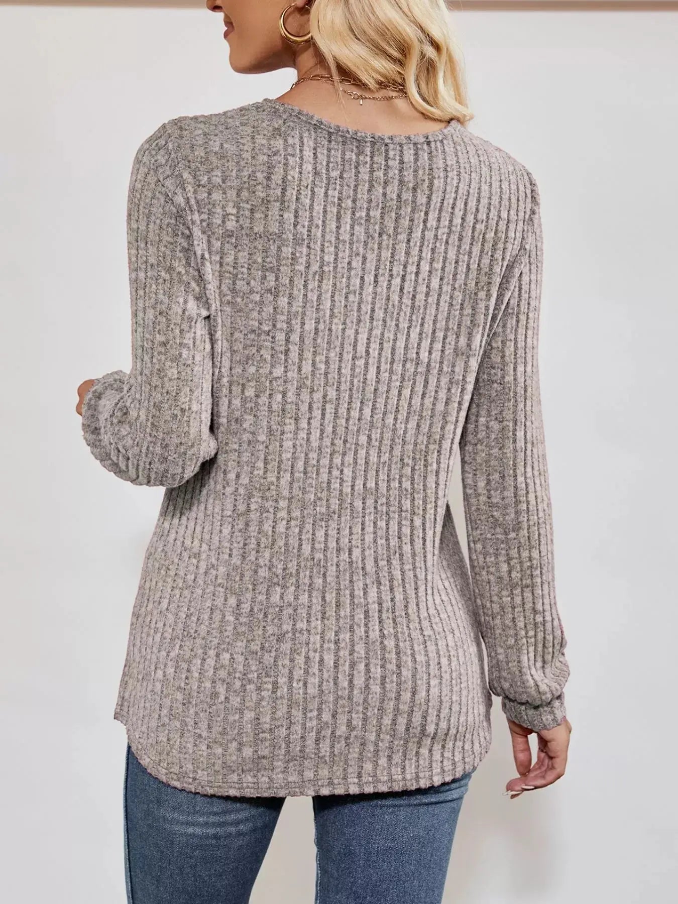 Ribbed Knit V-Neck Long Sleeve T-Shirt Simply Love