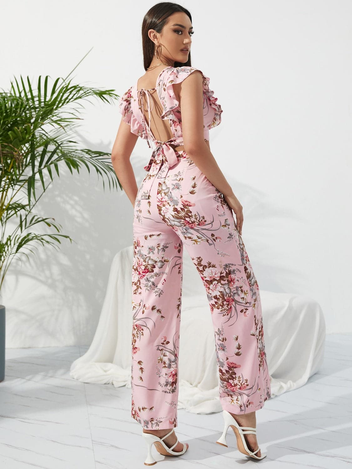 Printed Surplice Cap Sleeve Top and Pants Set.