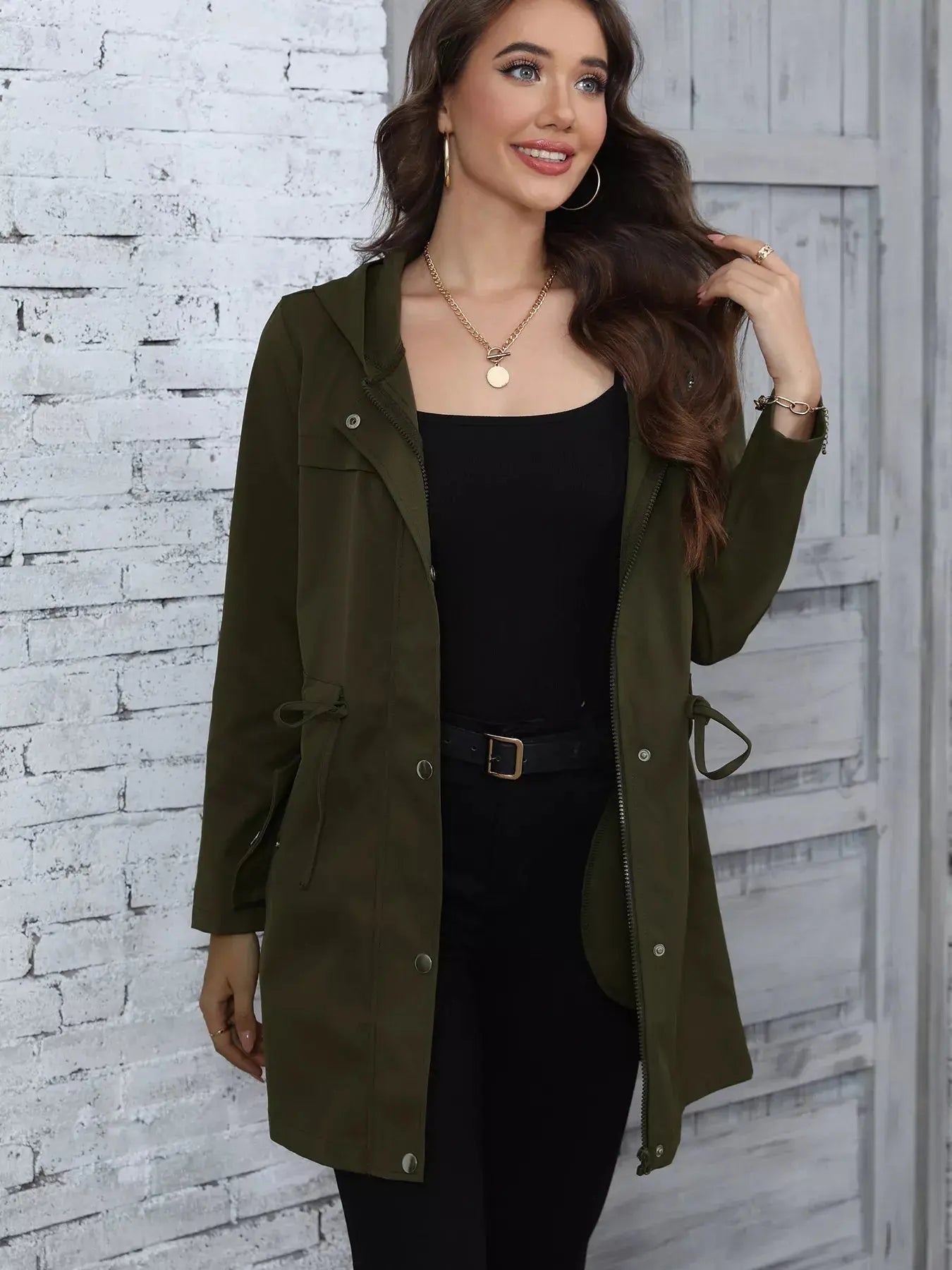 Hooded Drawstring Waist Casual Outerwear Simply Love