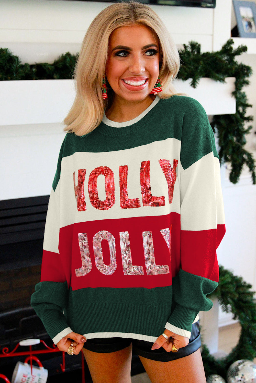 Green Sequined HOLLY JOLLY Color Block Crew Neck Sweater Dear-Lover Dropshipping