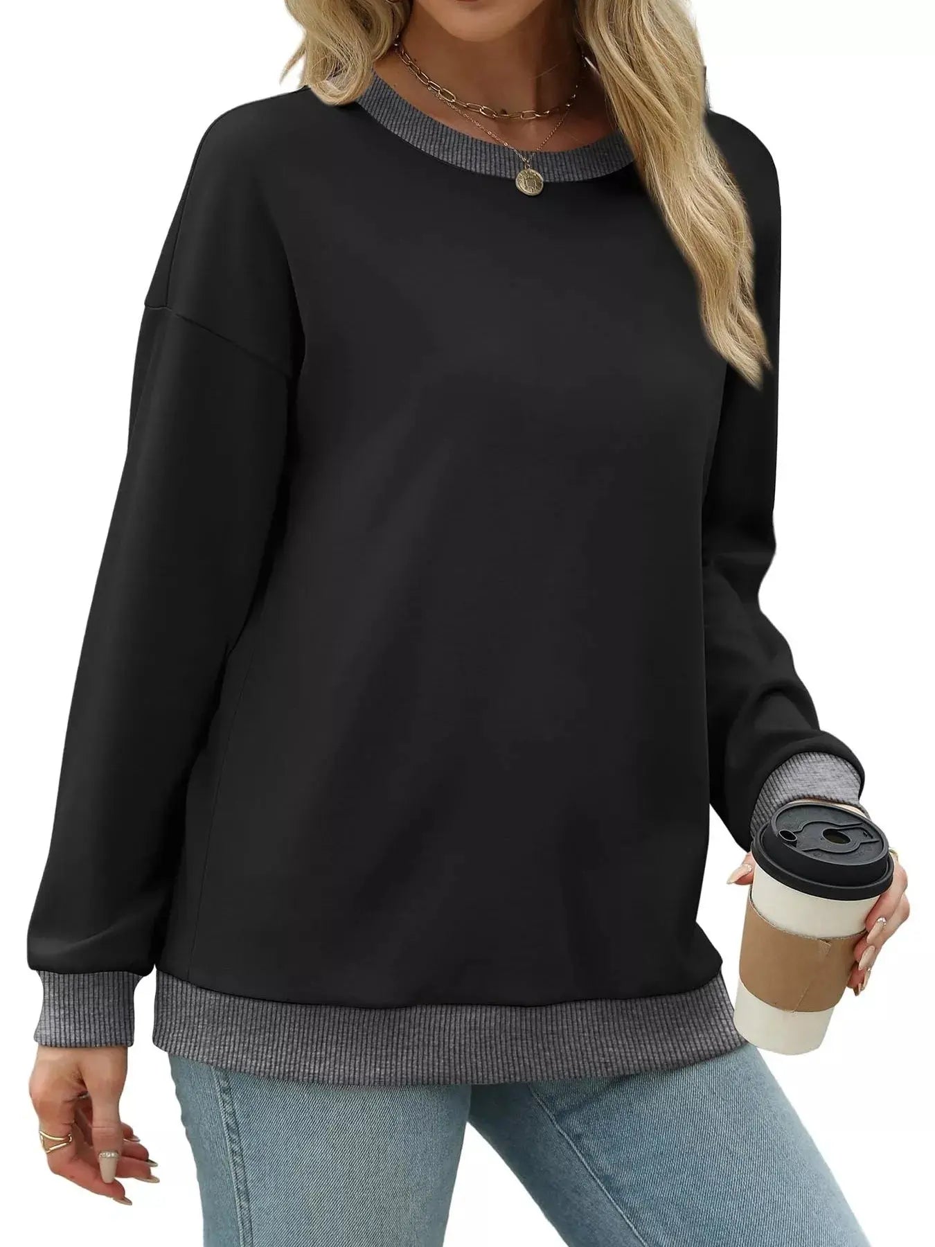 Contrast Trim Crew Neck Casual Sweatshirt Simply Love