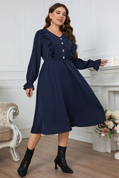 Melo Apparel Plus Size V-Neck Buttoned Flounce Sleeve Dress.