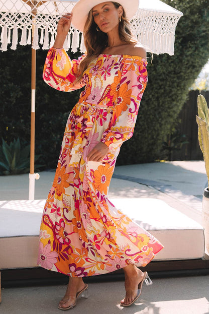 Printed Off-Shoulder Balloon Sleeve Maxi Dress.