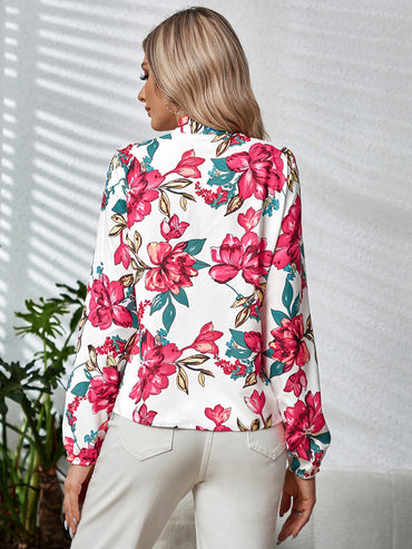 Bold Blooms Tie Neck Blouse
