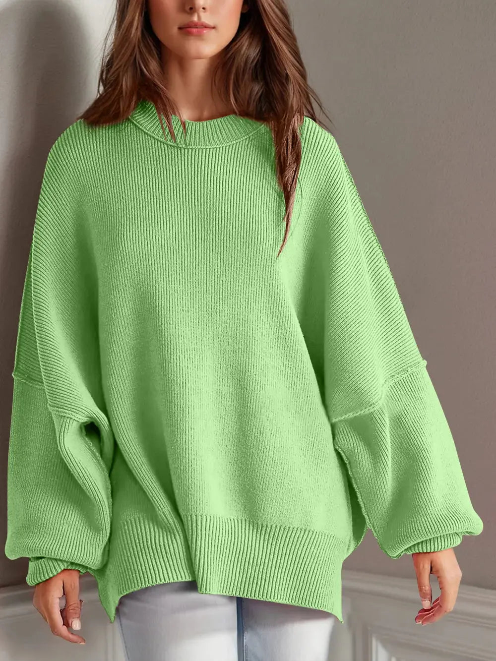 Double Take Side Slit Round Neck Long Sleeve Sweater - Love Salve