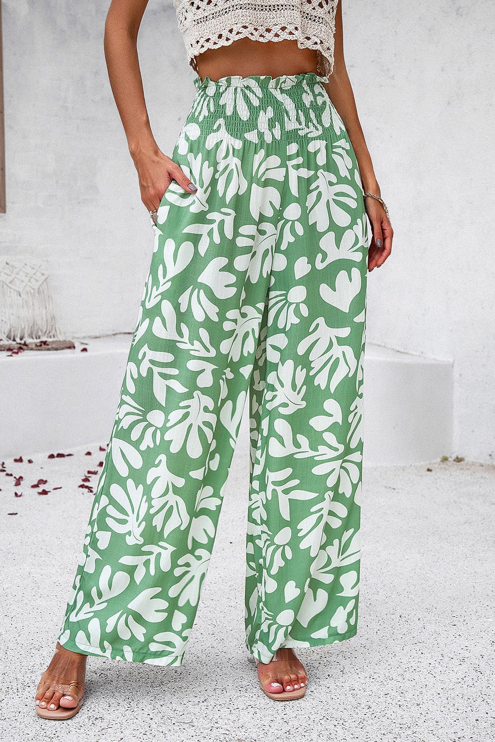 Smocked Printed Wide Leg Pants with Pockets.