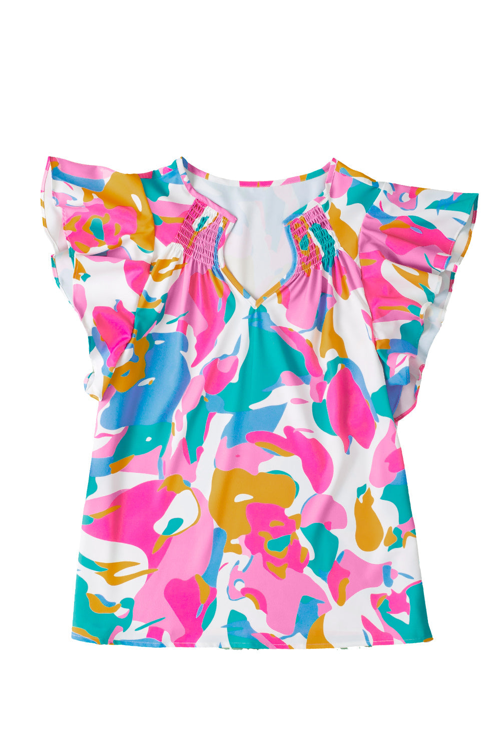 Multicolour Abstract Print Smocked Notched Neck Ruffle Blouse Divine Design4U