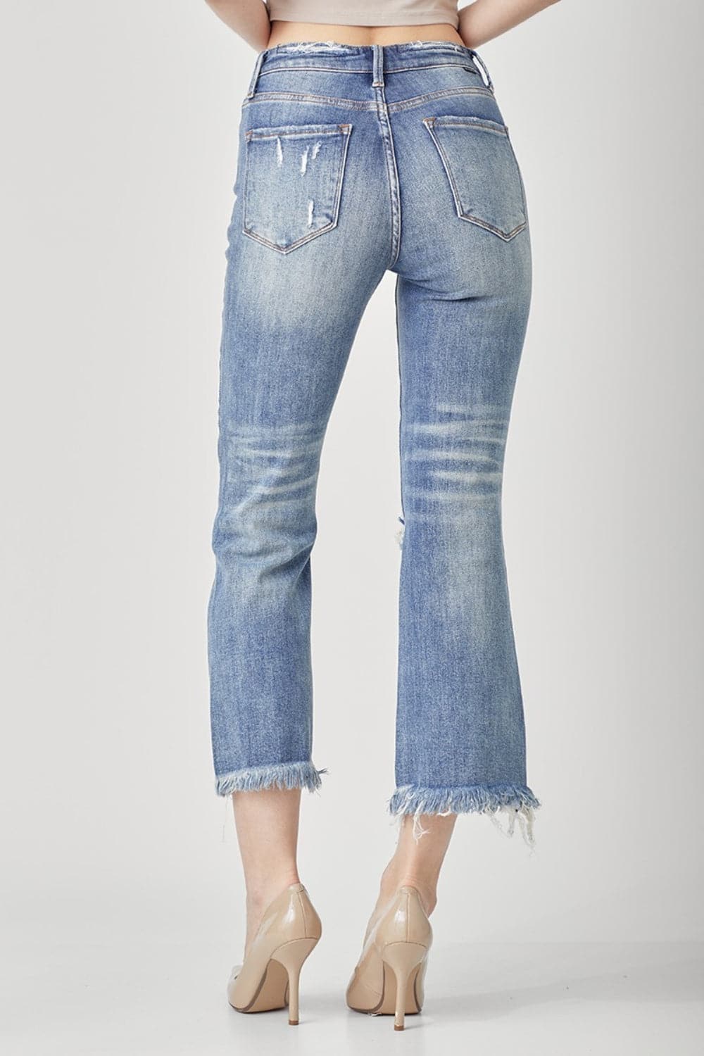 RISEN High Waist Distressed Cropped Bootcut Jeans.