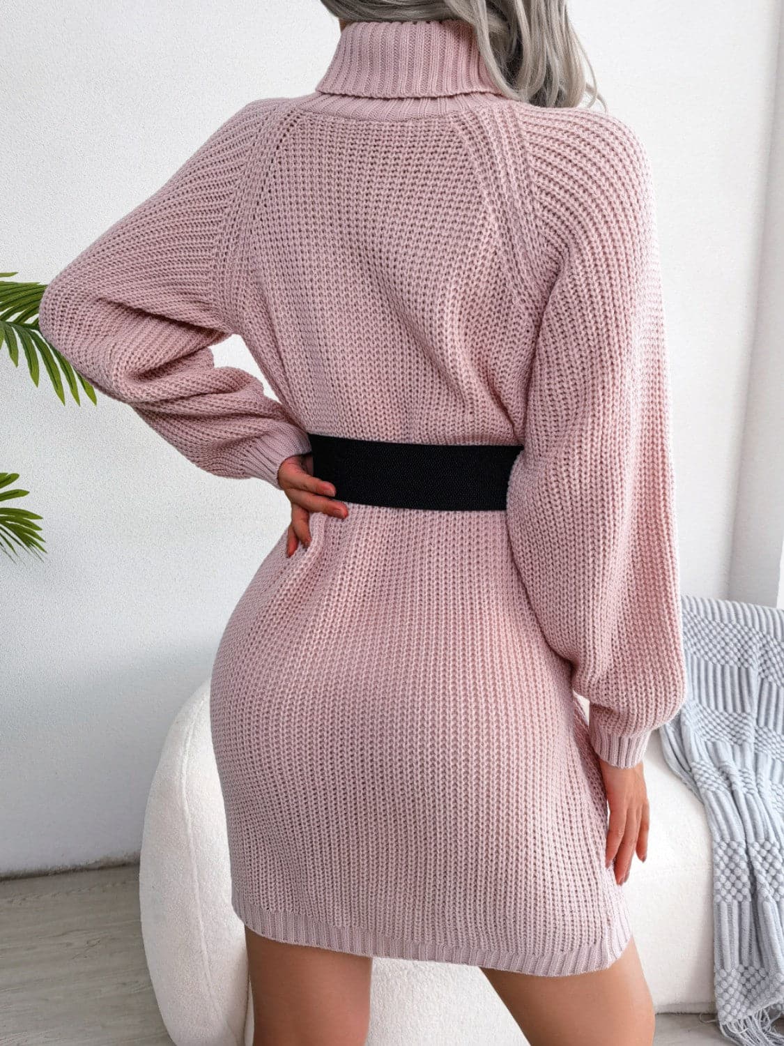 Decorative Button Turtleneck Sweater Dress.