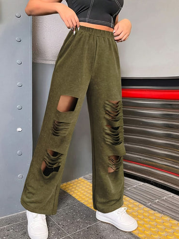 Distressed Straight Leg Pants with Elastic Waistband