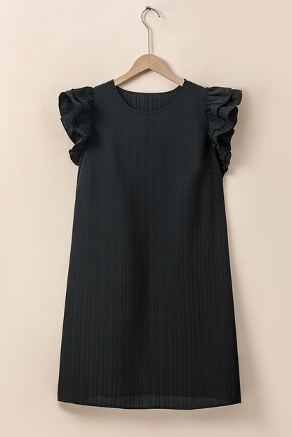 Elegant black ribbed shift dress with ruffled sleeves in plus size