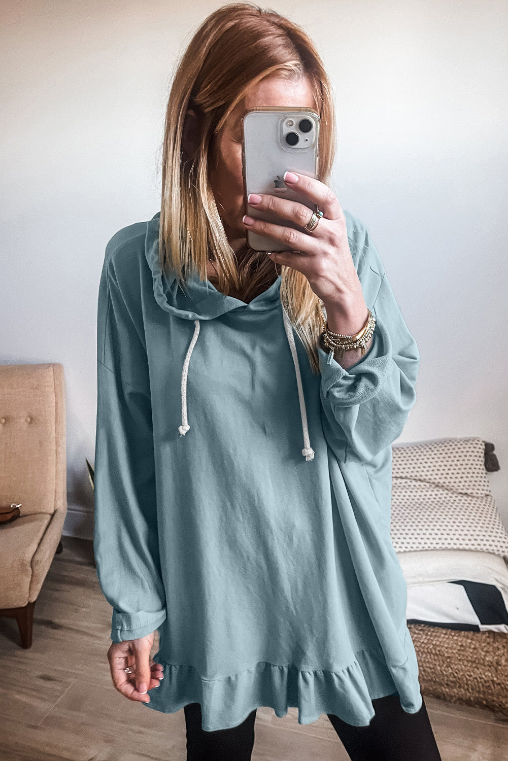 Iceland blue ruffled hem hoodie tunic for casual chic style