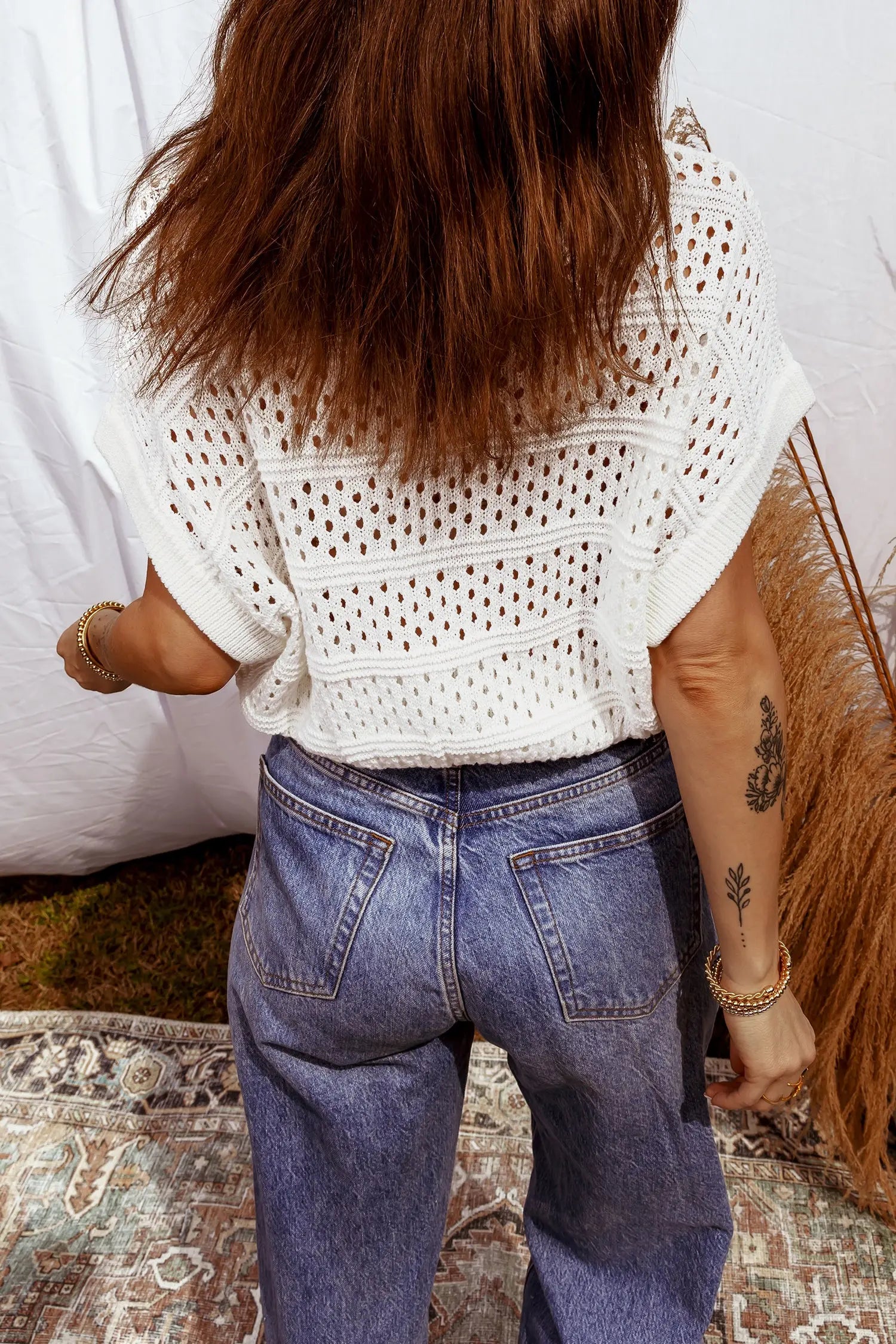 White Hollow Out Knit Dolman Sleeve Sweater Round Neck Dear-Lover Dropshipping