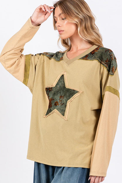 SAGE + FIG Star Patch Long Sleeve Color Block T-Shirt.