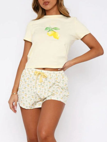 Casual Printed Short Sleeve Top with Drawstring Shorts Set