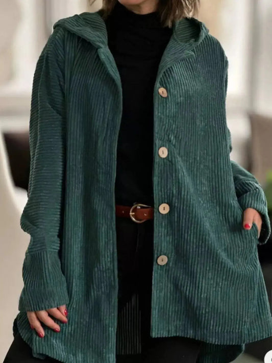 Full Size Corduroy Button Up Hooded Jacket Plus Size Simply Love