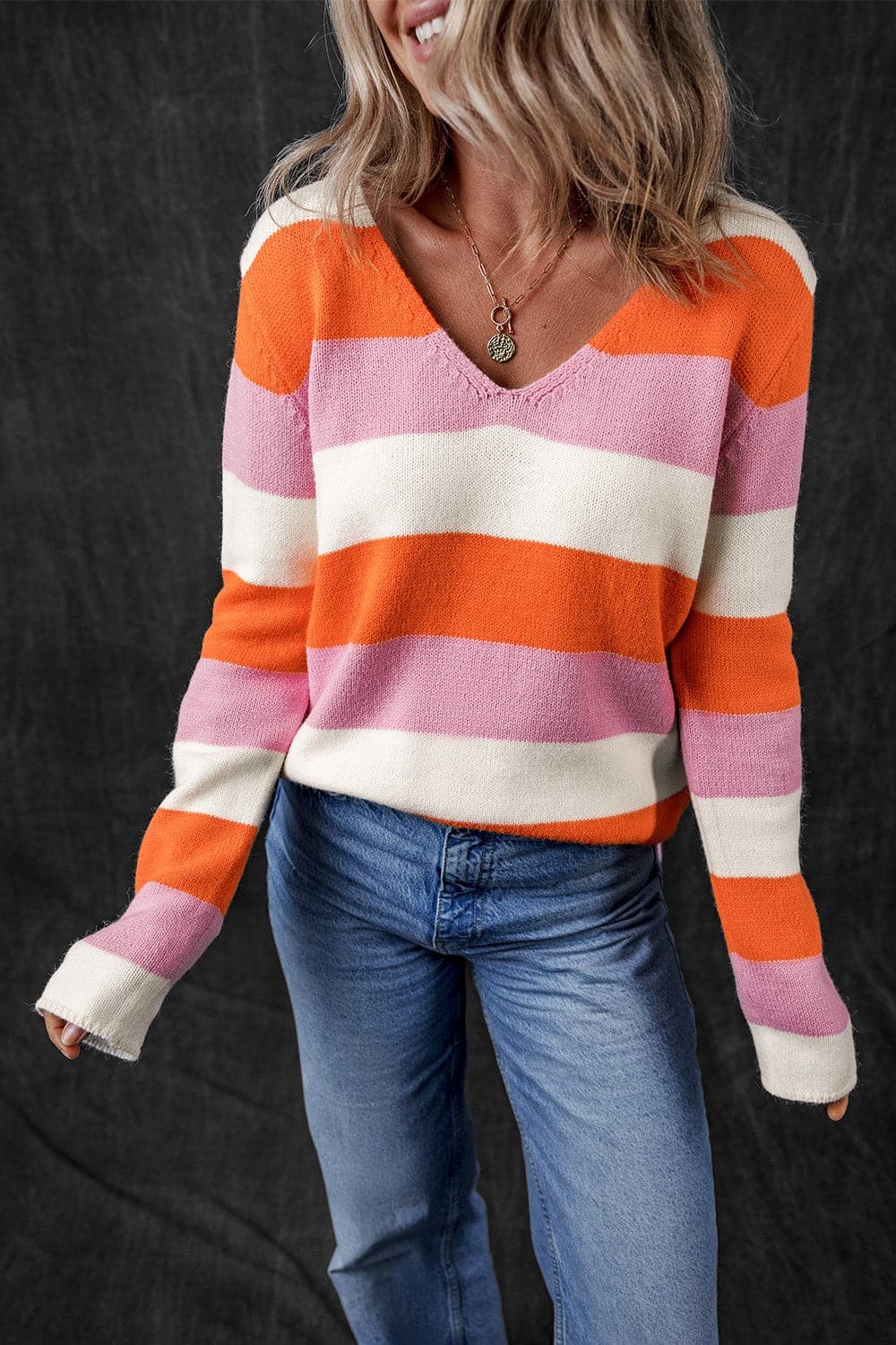 Color Block V-Neck Long Sleeve Sweater.