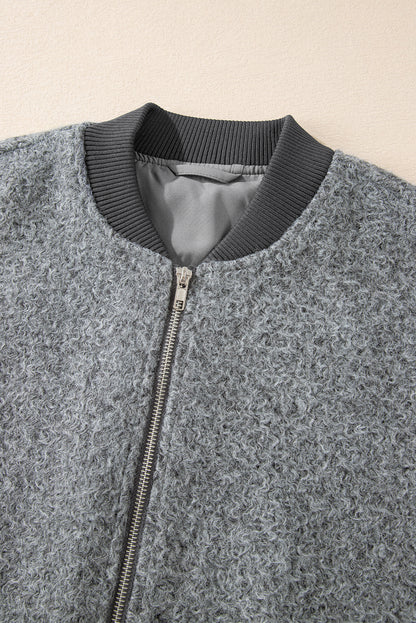 Chic medium grey fuzzy zip-up jacket with pocketed sleeves