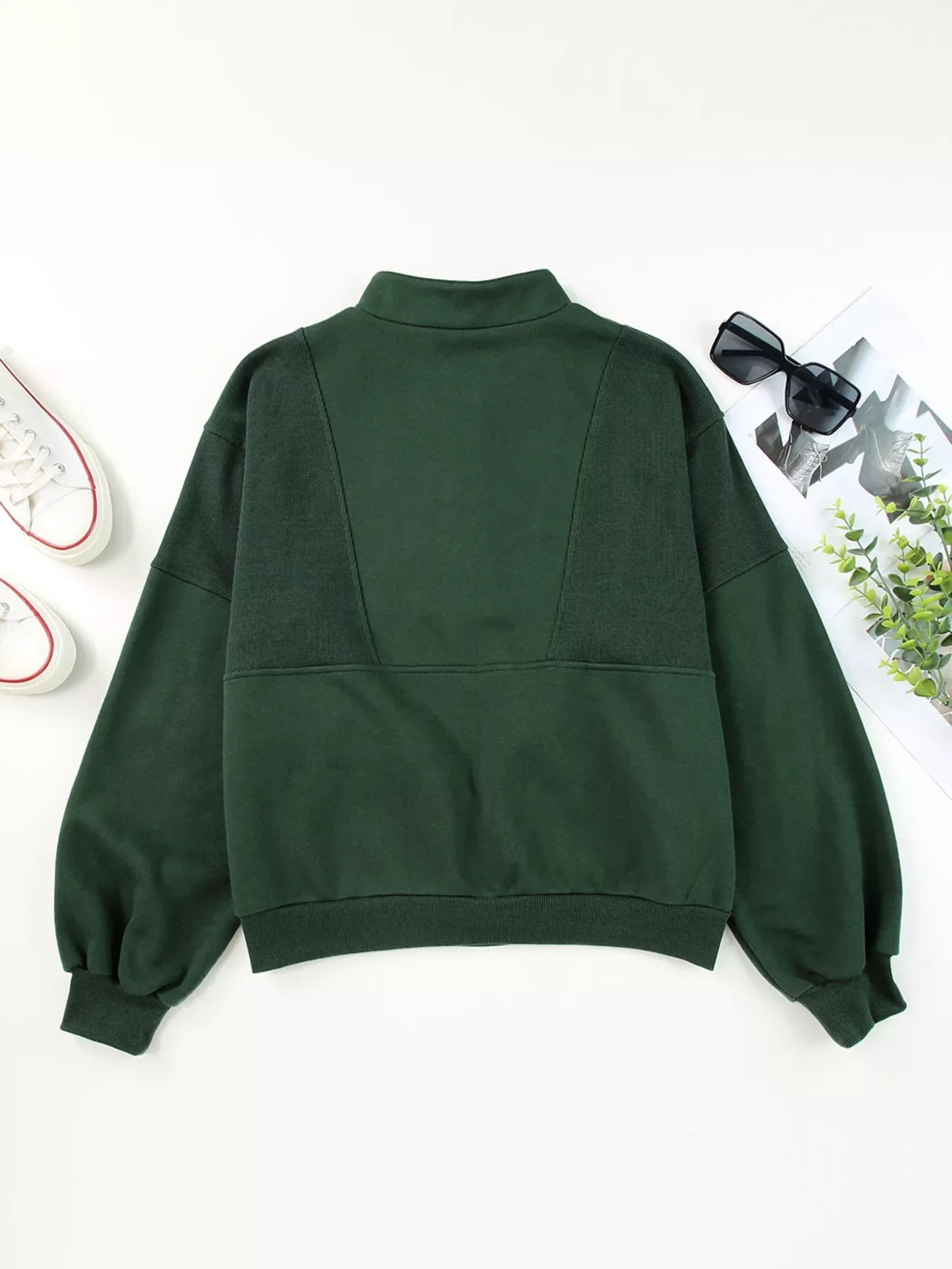 Half Zip Stand Collar Exposed Seam Solid Color Casual Sweatshirt Simply Love