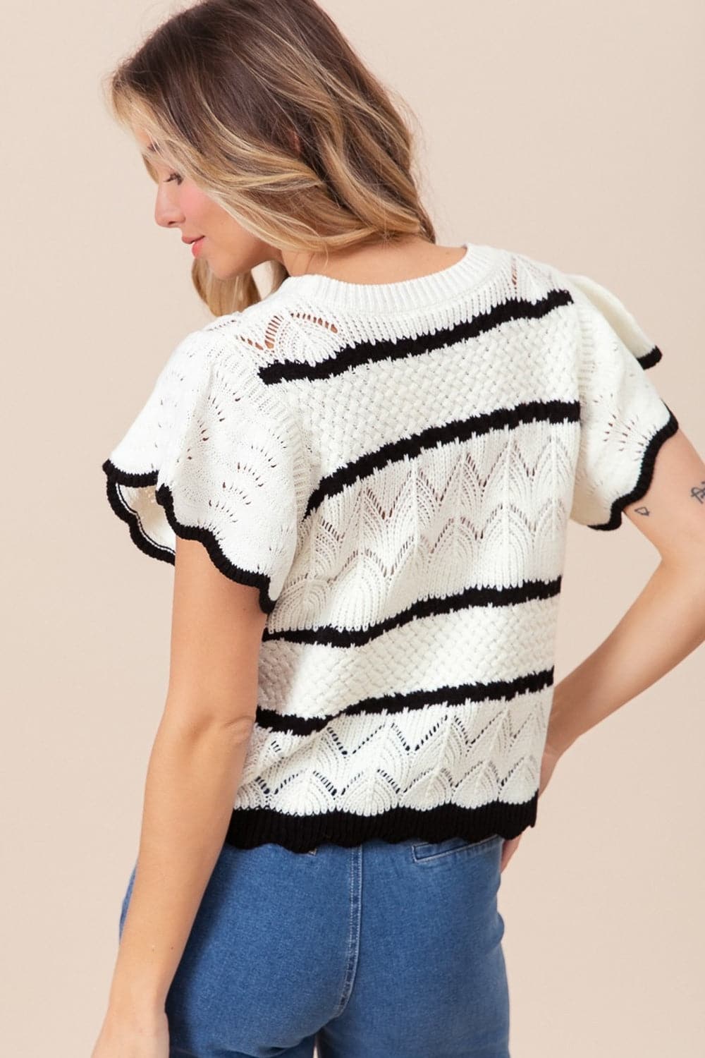 BiBi Pointelle Contrast Striped Short Sleeve Knit Top.