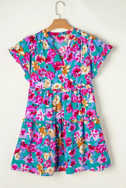 Ruffled Printed Notched Short Sleeve Mini Dress.