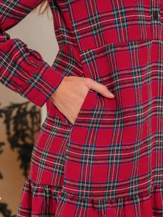 Plaid Shirt Collar Half Button Ruffle Hem Long Sleeve Mini Dress Simply Love