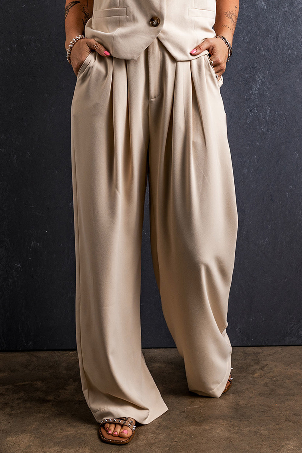 Ruched High-Waisted Palazzo Pants with Functional Pockets