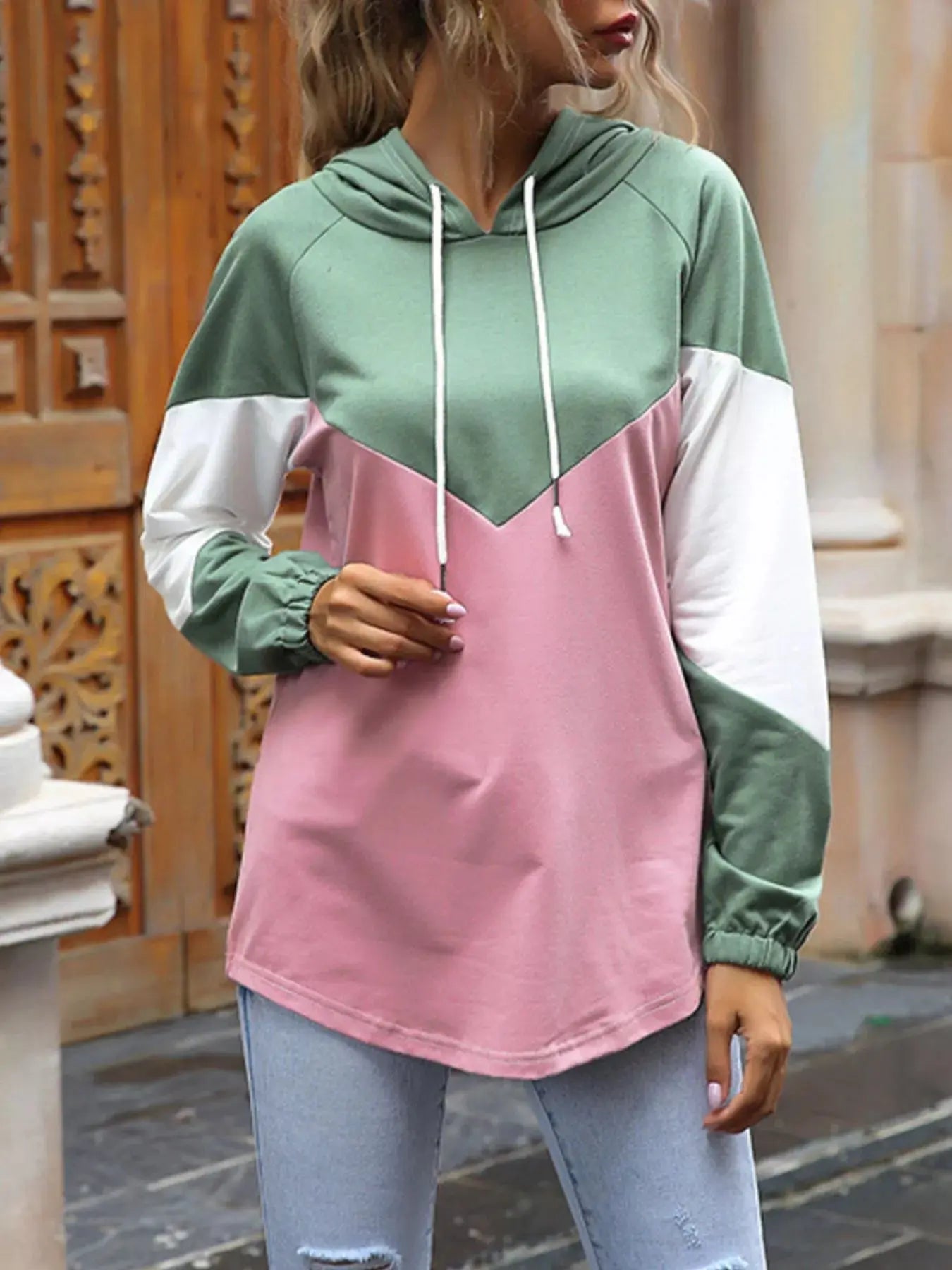 Color Block Long Sleeve Hoodie With Drawstring Casual Sweatshirt Simply Love