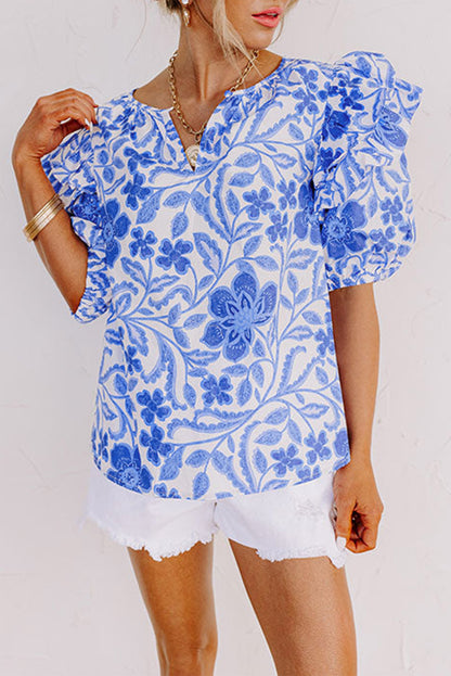 Elegant dark blue floral ruffled blouse with bubble sleeves