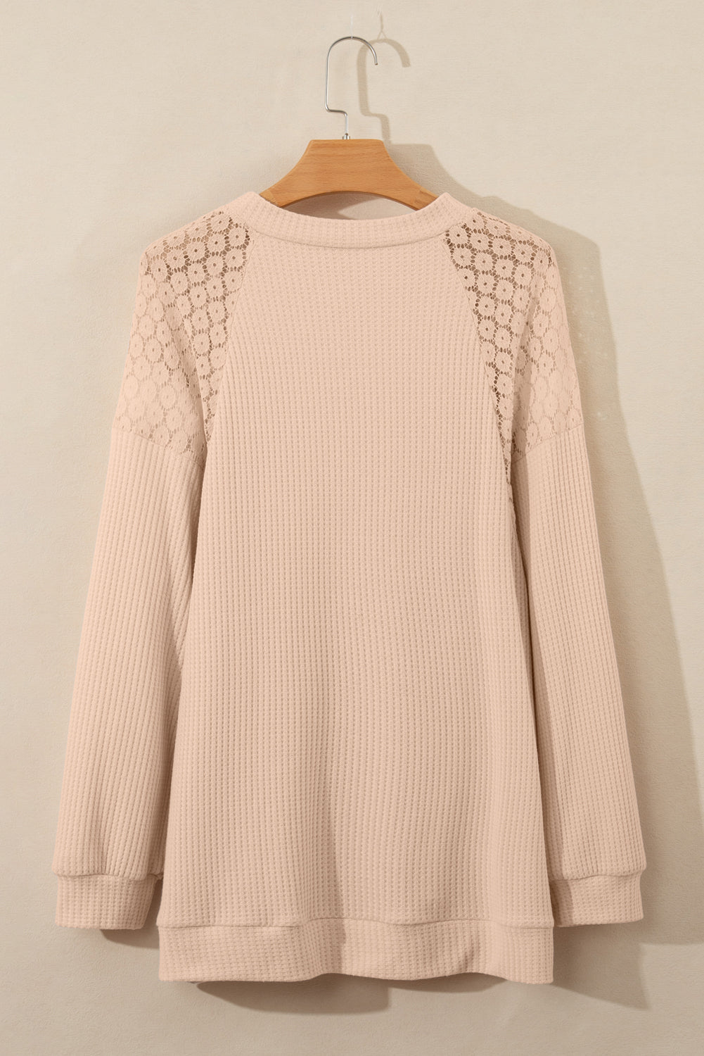 Chic beige plus size waffle knit top with lace patchwork and button details