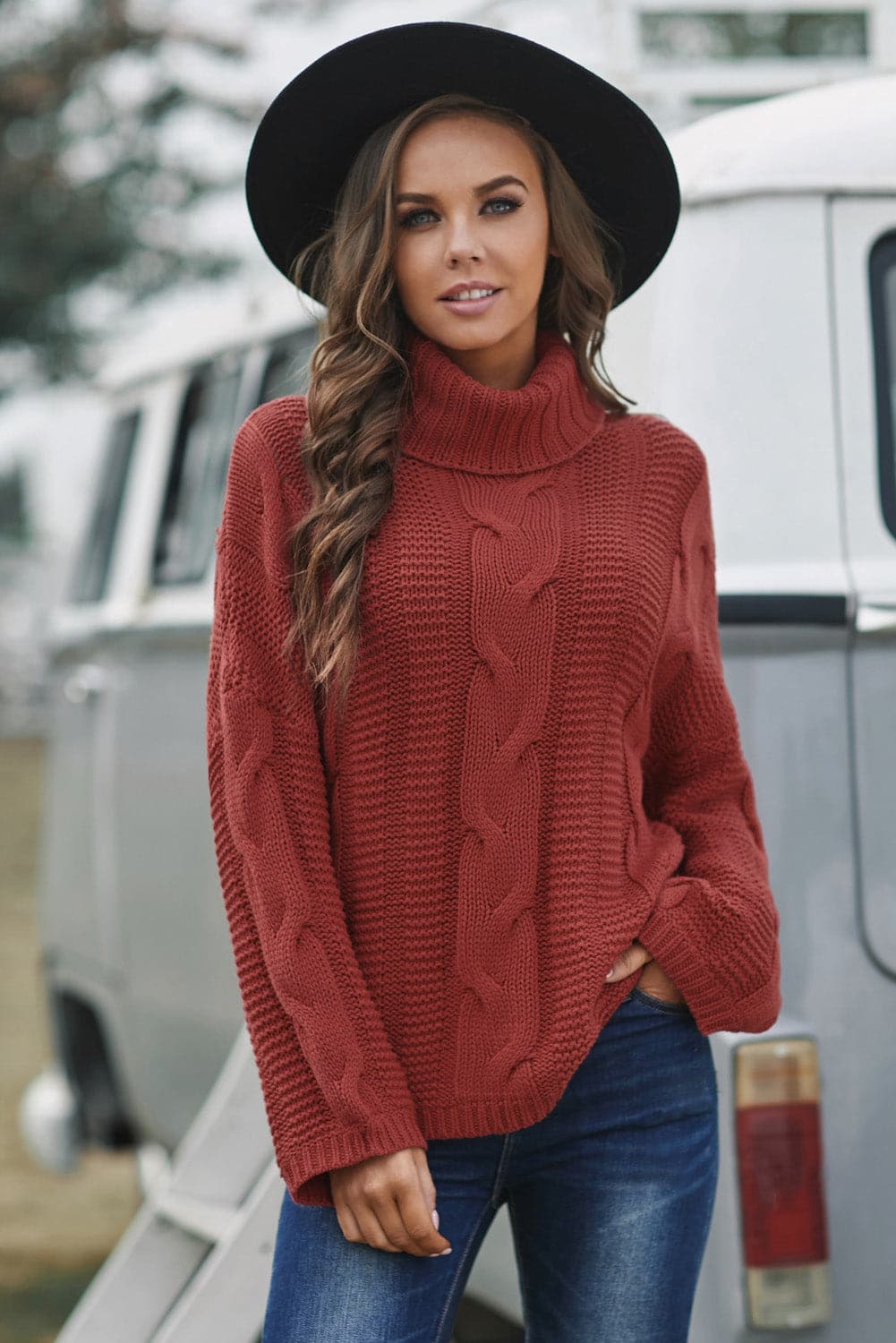 Cable-Knit Turtleneck Dropped Shoulder Sweater.