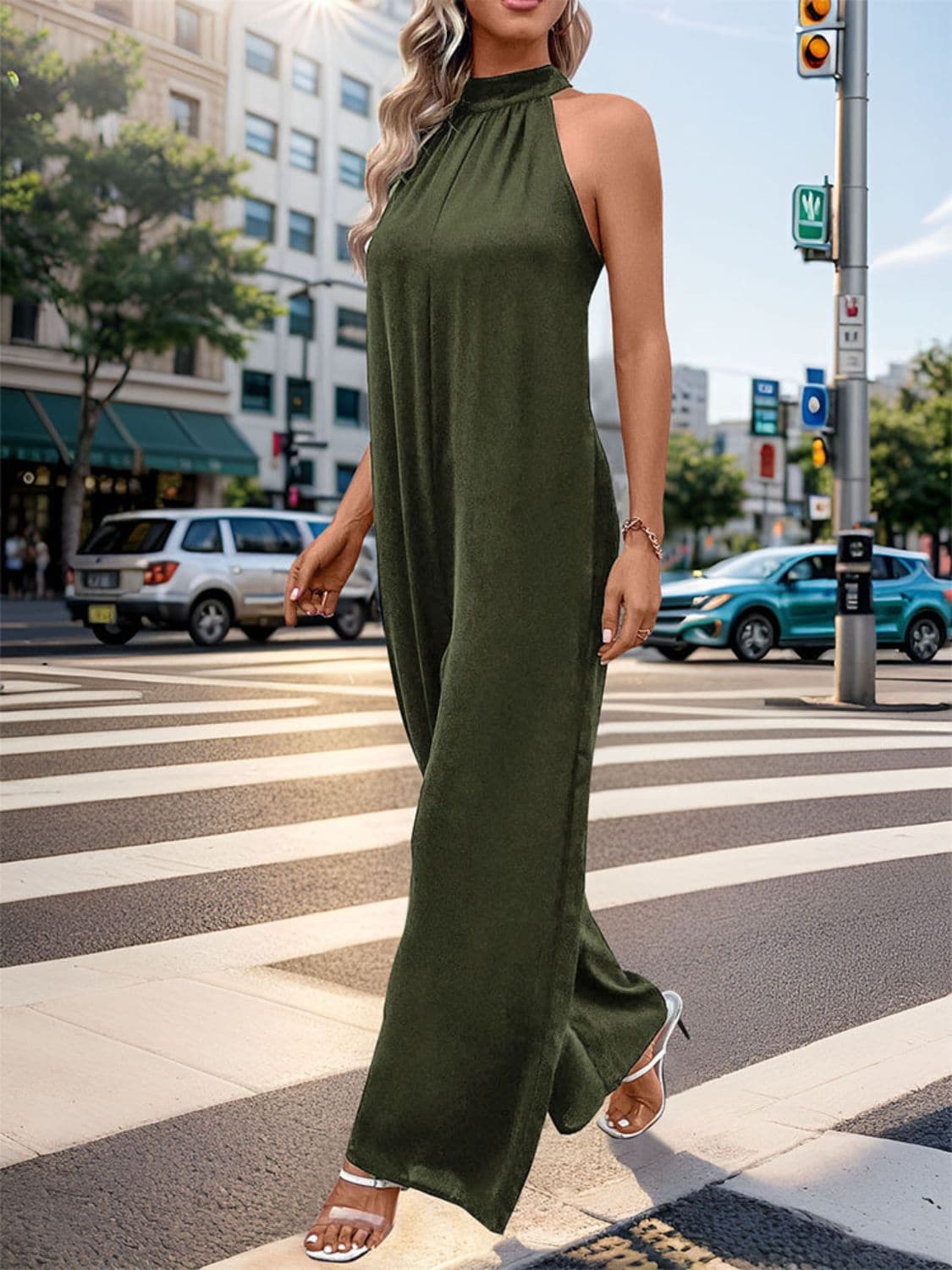 Tied Grecian Wide Leg Jumpsuit.