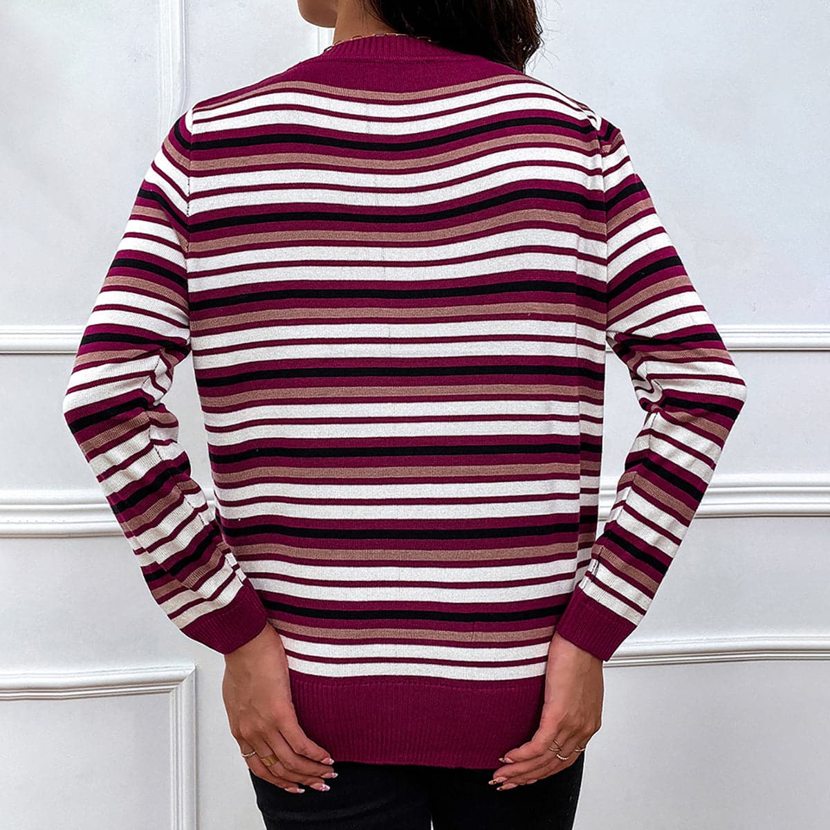 Striped Round Neck Long Sleeve Sweater.