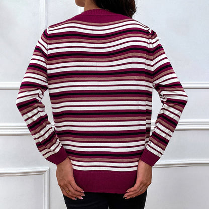 Striped Round Neck Long Sleeve Sweater.