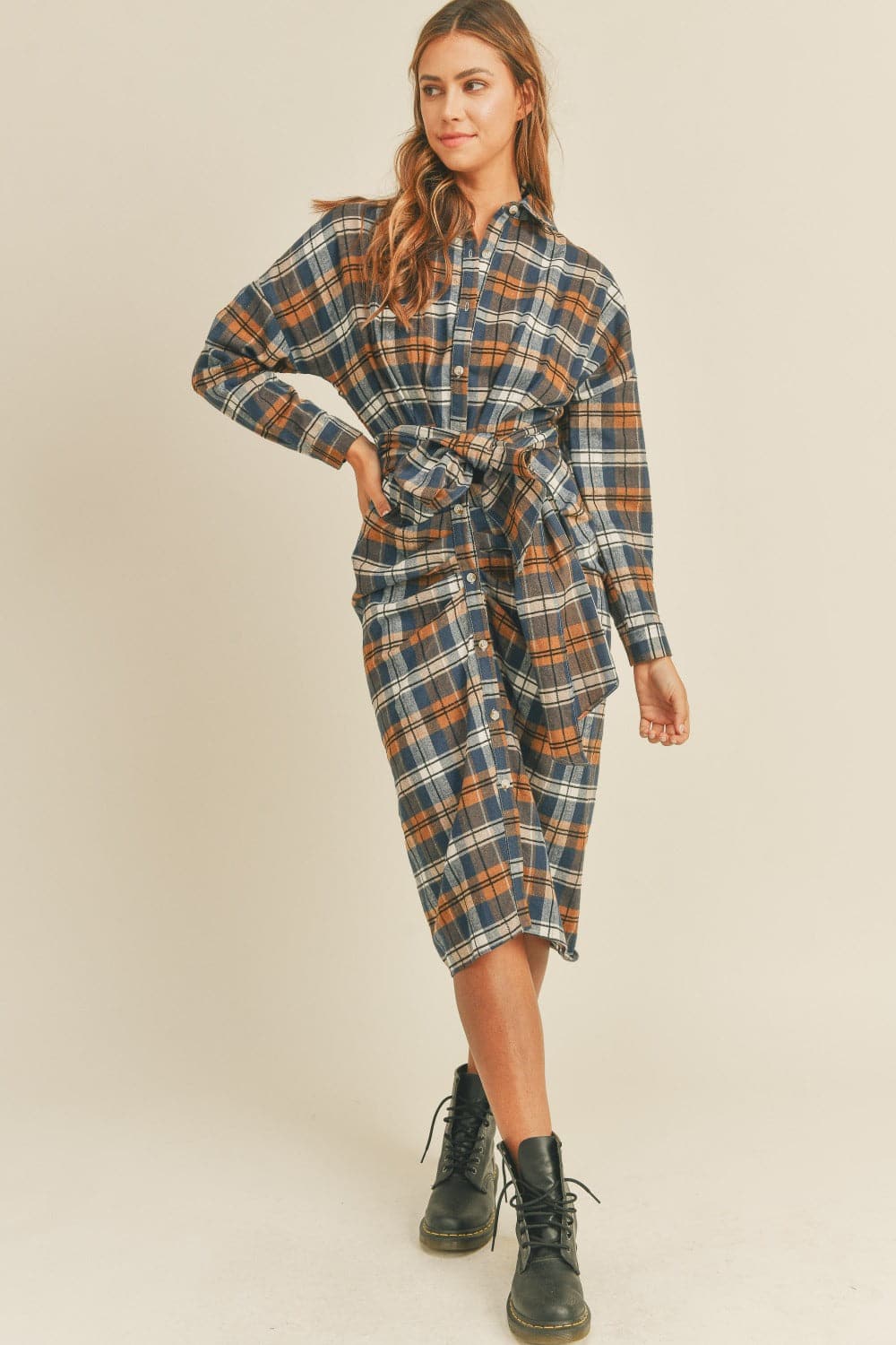 Chic plaid flannel tie-front shirt dress