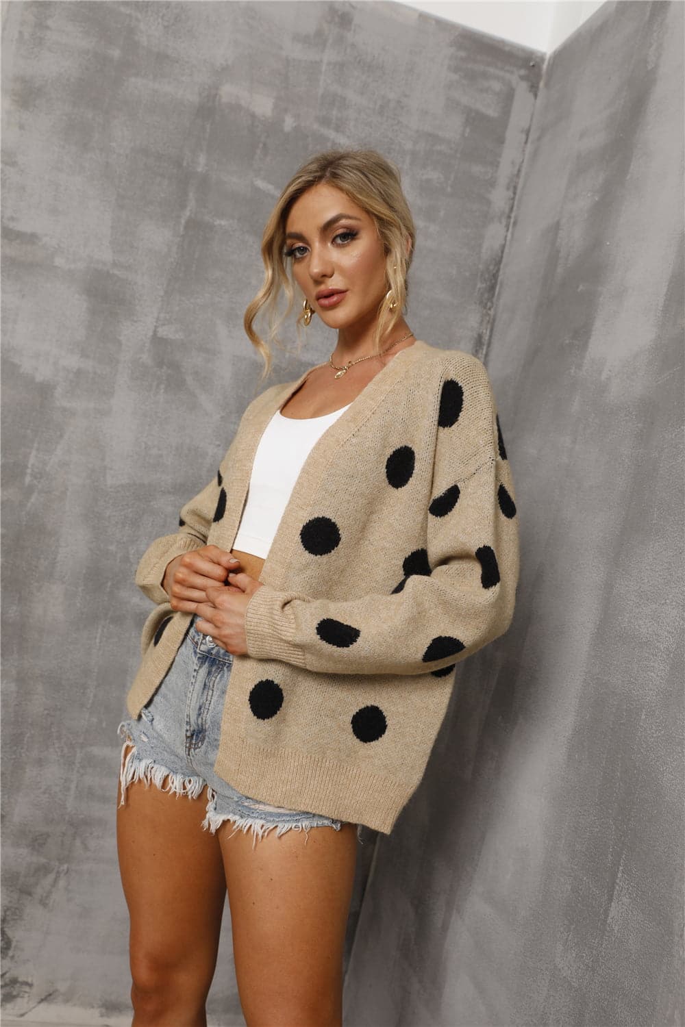 Polka Dot Open Front Drop Shoulder Cardigan.