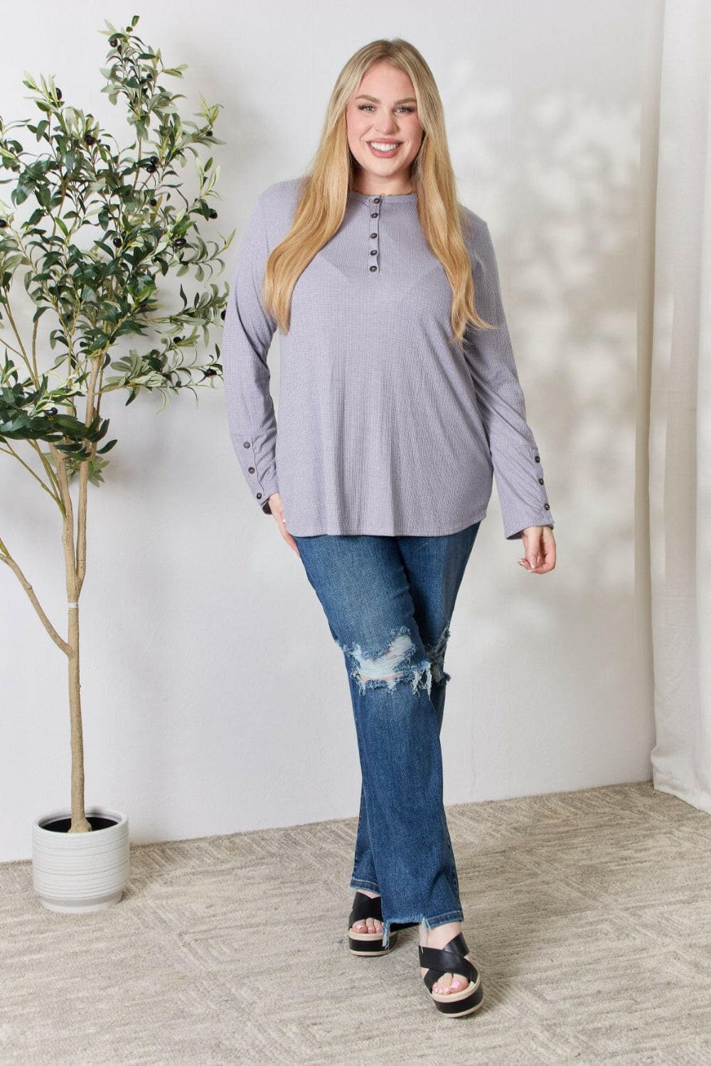 Heimish Full Size Texture Half Button Long Sleeve Top.